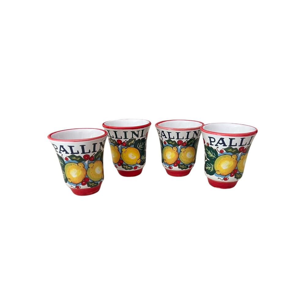 (4) Pallini Limoncello Cordial Shot Glasses Nova Deruta Italy Red Band Ceramic